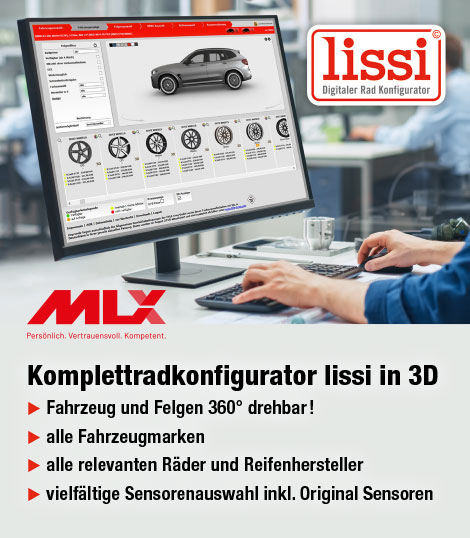 MLX Komplettradkonfigurator lissi in 3D – Fahrzeug und Felgen 360 Grad drehbar, alle Fahrzeugmarken und Räder